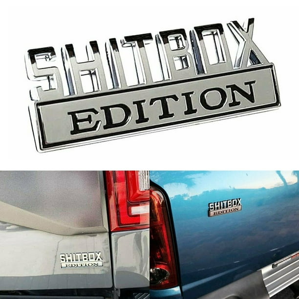 SHITBOX EDITION PAIR CAR EMBLEMS Chrome Metal Badges suit CHEVY or FORD *NEW* 